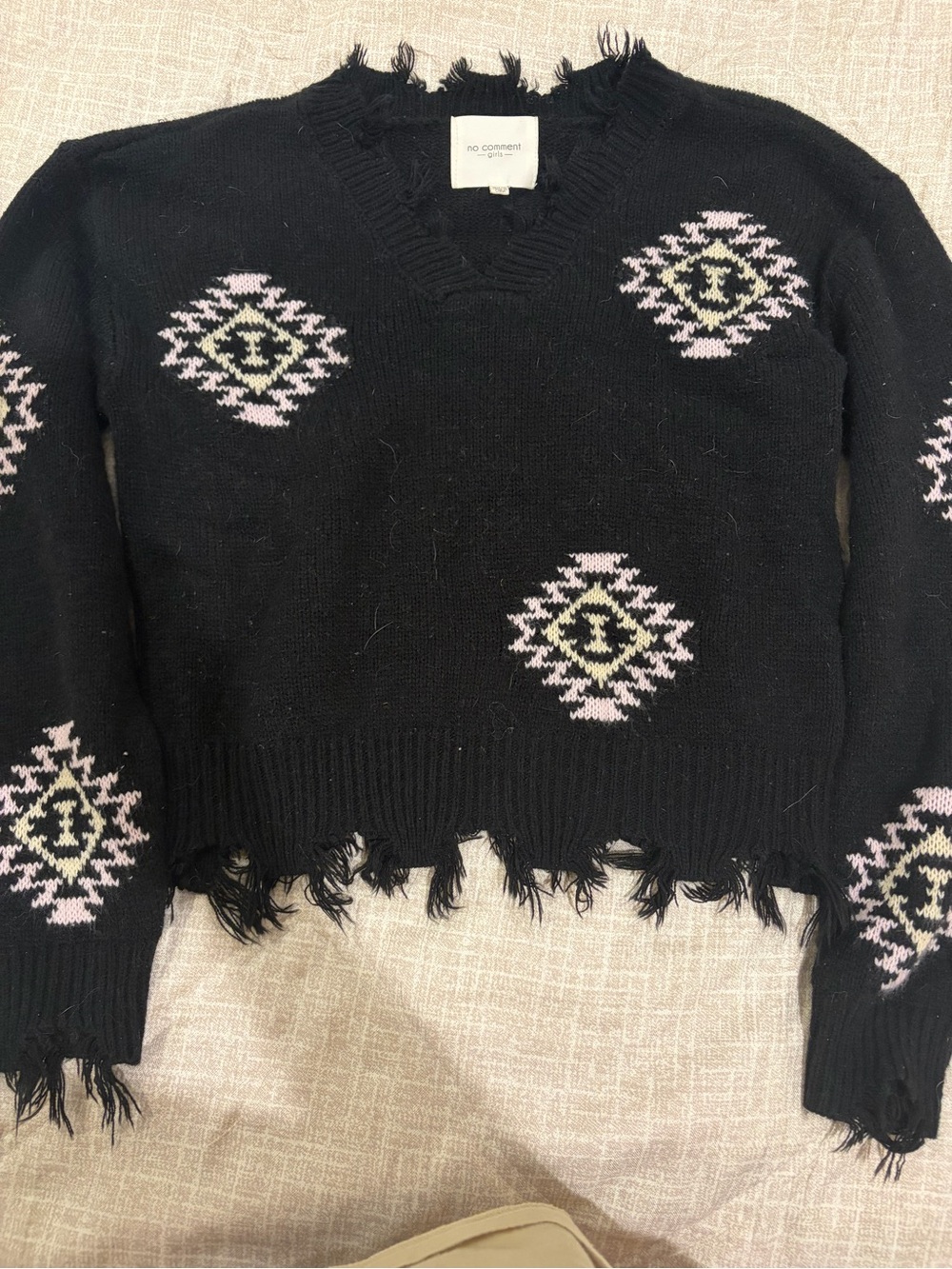 No Comment Girls' Black Distressed V-Neck Sweater with Pink & Cream Motifs